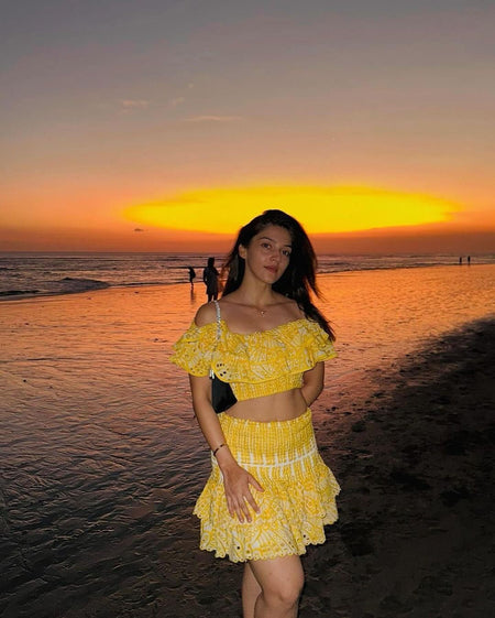 Valencia Luxe Yellow Co-ord Set In Yellow - front shot on model, yellow - Miss Mosa By Akanksha
