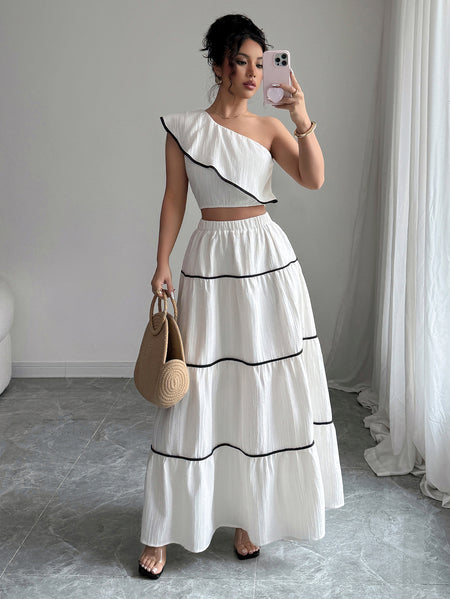 Valentino One-Shoulder Top With Skirt Coord Sets In White - full-length shot on model - Miss Mosa By Akanksha