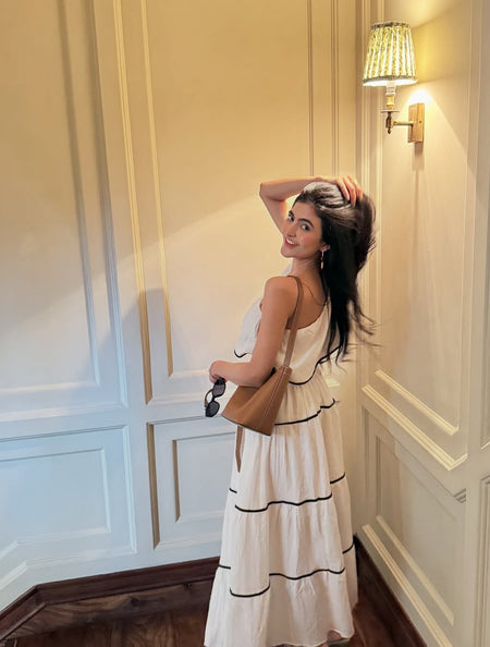Valentino One-Shoulder Top With Skirt Coord Sets In White - side shot on model - Miss Mosa By Akanksha