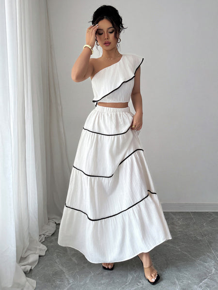 Valentino One-Shoulder Top With Skirt Coord Sets In White - front shot on model - Miss Mosa By Akanksha