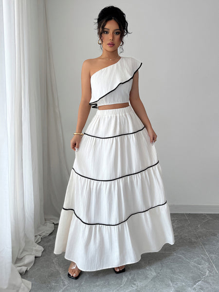 Valentino One-Shoulder Top With Skirt Coord Sets In White - front shot on model - Miss Mosa By Akanksha