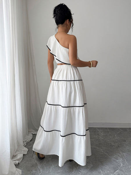 Valentino One-Shoulder Top With Skirt Coord Sets In White - back shot on model - Miss Mosa By Akanksha