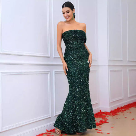 Valeria Shimmer Maxi Dress - strapless full-length shot, emerald green - Miss Mosa By Akanksha