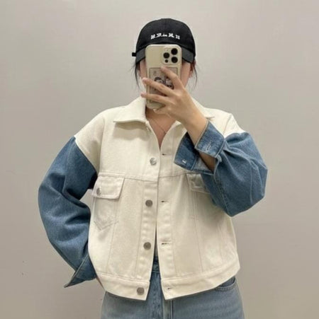 Valeria Woolen Denim Jacket - front shot, cream with blue denim sleeves - Miss Mosa By Akanksha