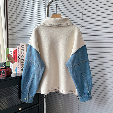 Valeria Woolen Denim Jacket - back flat-lay shot, cream with blue denim sleeves - Miss Mosa By Akanksha