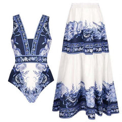 Valeska Printed Swimsuit With Skirt - flat-lay product shot, navy blue and white - Miss Mosa By Akanksha