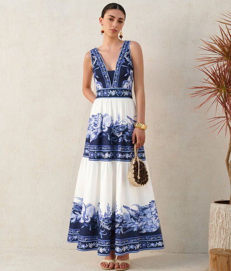 Valeska Printed Swimsuit With Skirt - full-length shot on model, navy blue and white - Miss Mosa By Akanksha