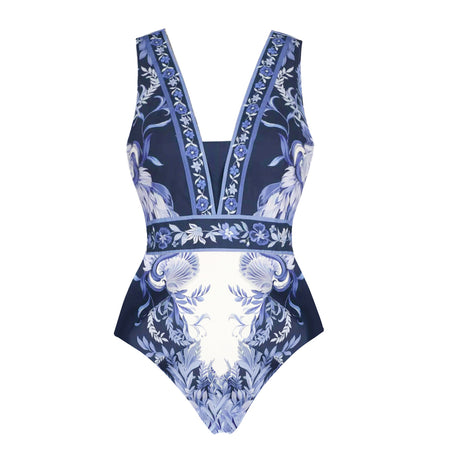 Valeska Printed Swimsuit With Skirt - flat-lay product shot, navy blue and white - Miss Mosa By Akanksha