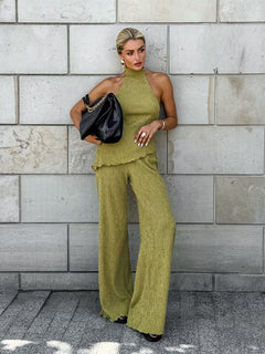 Valetta Summer Coord Set - full-length shot, olive green - Miss Mosa By Akanksha