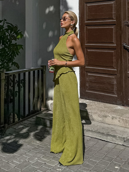 Valetta Summer Coord Set - side full-length shot, olive green - Miss Mosa By Akanksha