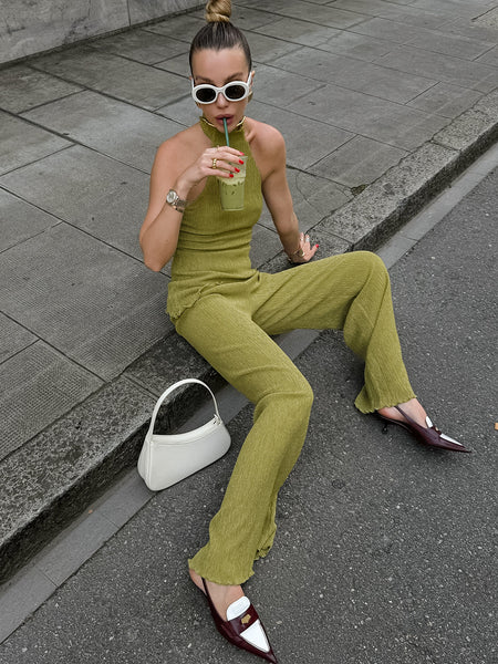 Valetta Summer Coord Set - seated full-length shot, olive green - Miss Mosa By Akanksha