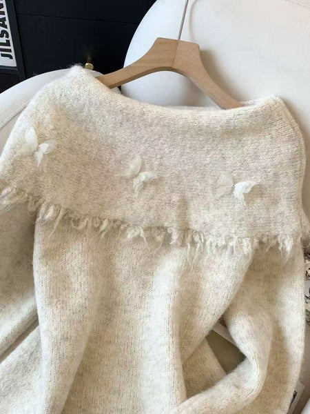 Vanessa Fly Off Shoulder Sweater - close-up of neckline detail, off-white - Miss Mosa By Akanksha