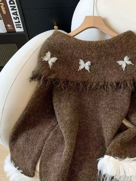 Vanessa Fly Off Shoulder Sweater - close-up of neckline detail, brown - Miss Mosa By Akanksha