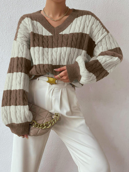 Vanna Luxe Cable Sweater - front shot, brown and white stripe - Miss Mosa By Akanksha