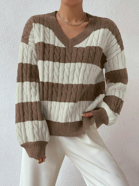Vanna Luxe Cable Sweater - front shot, brown and white stripe - Miss Mosa By Akanksha
