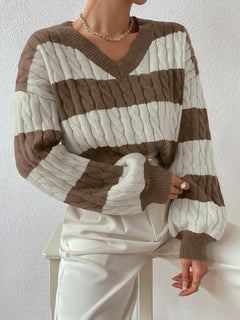 Vanna Luxe Cable Sweater - front shot, brown and white stripe - Miss Mosa By Akanksha