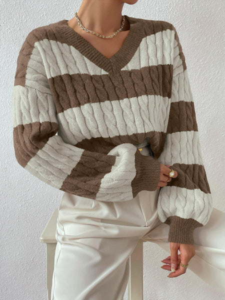 Vanna Luxe Cable Sweater - front shot, brown and white stripe - Miss Mosa By Akanksha