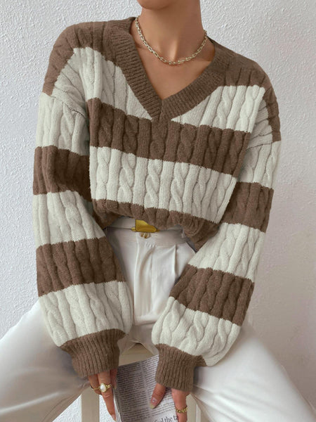 Vanna Luxe Cable Sweater - front shot, brown and white stripe - Miss Mosa By Akanksha