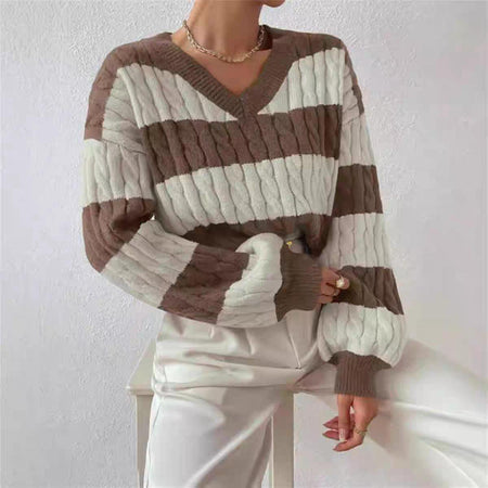 Vanna Luxe Cable Sweater - front shot, brown and white stripe - Miss Mosa By Akanksha