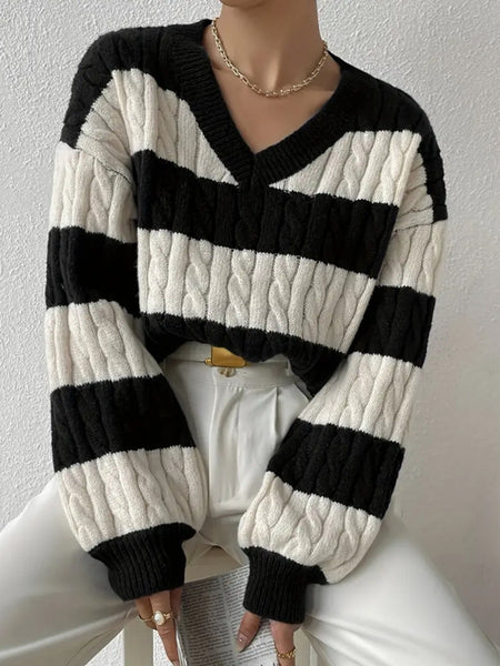 Vanna Luxe Cable Sweater - front shot, black and white stripe - Miss Mosa By Akanksha