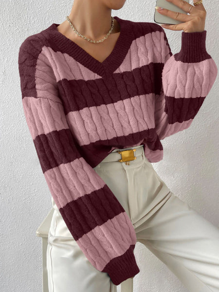 Vanna Luxe Cable Sweater - front shot, burgundy and pink stripe - Miss Mosa By Akanksha