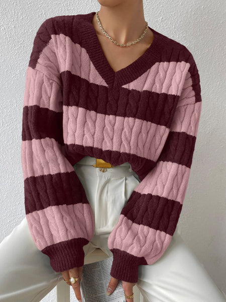 Vanna Luxe Cable Sweater - front shot, burgundy and pink stripe - Miss Mosa By Akanksha