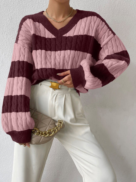 Vanna Luxe Cable Sweater - front shot, burgundy and pink stripe - Miss Mosa By Akanksha