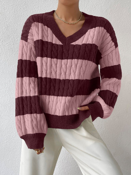 Vanna Luxe Cable Sweater - front shot, burgundy and pink stripe - Miss Mosa By Akanksha