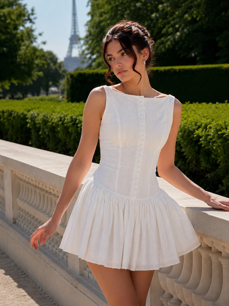 Veda Embroidered Mini Dress - three-quarter shot, white - Miss Mosa By Akanksha
