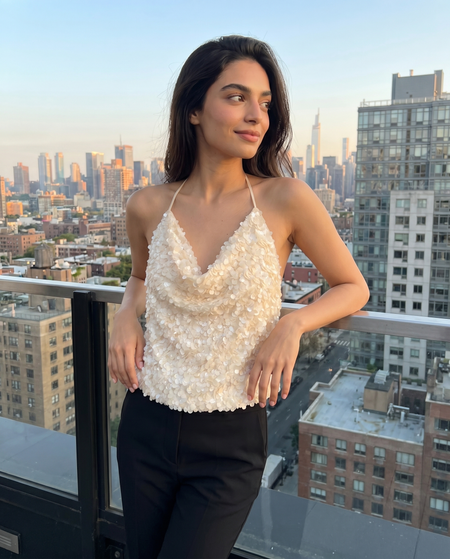 Vee Sequin Cowl Top - front shot, cream - Miss Mosa By Akanksha