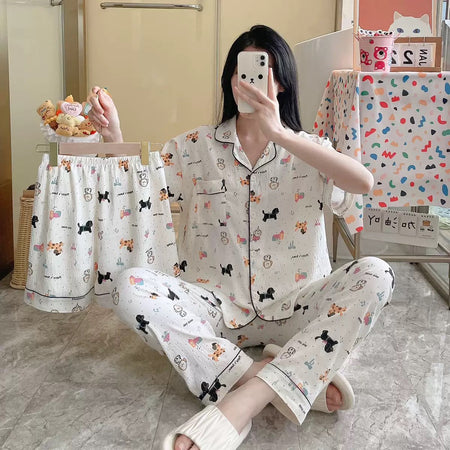 Vega 3 Pc Set Cotton Nightsuit In Off-White - front shot on model - Miss Mosa By Akanksha