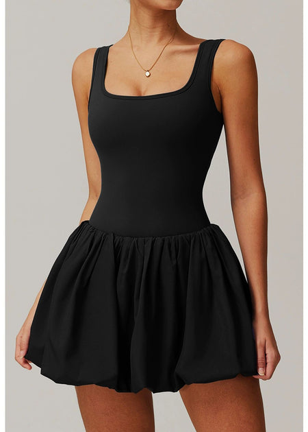 Venessa Statement Balloon Dress With Attached Short In Black - front shot on model - Miss Mosa By Akanksha