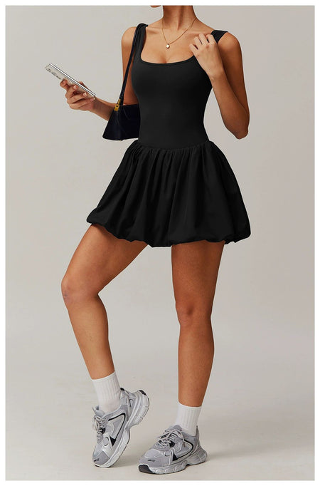 Venessa Statement Balloon Dress With Attached Short In Black - full-length shot on model - Miss Mosa By Akanksha