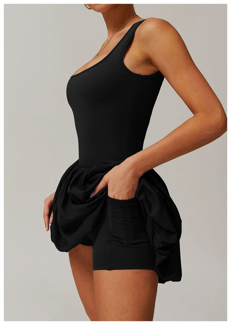 Venessa Statement Balloon Dress With Attached Short In Black - side shot on model showing inner shorts - Miss Mosa By Akanksha