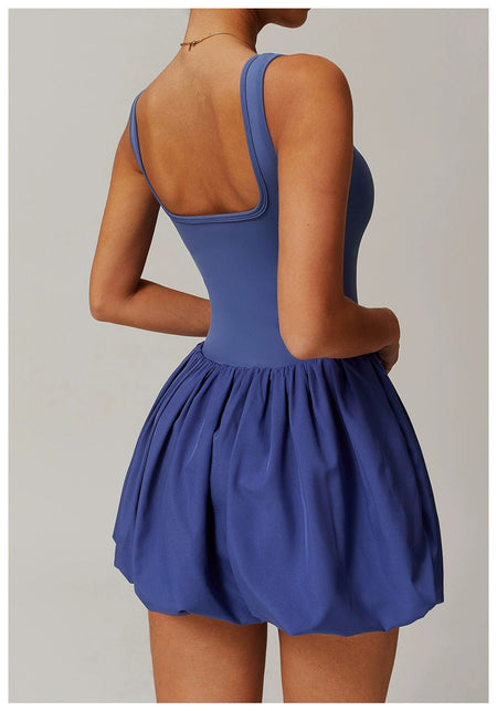 Venessa Statement Balloon Dress With Attached Short In Blue - back shot on model - Miss Mosa By Akanksha