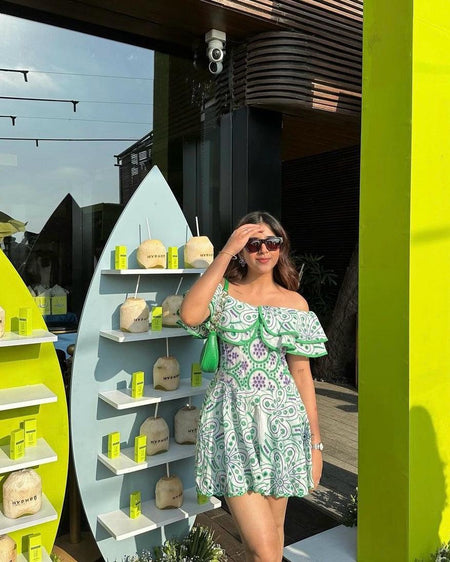Venice Luxe Summer Dress in Green - lifestyle shot on model, green - Miss Mosa By Akanksha