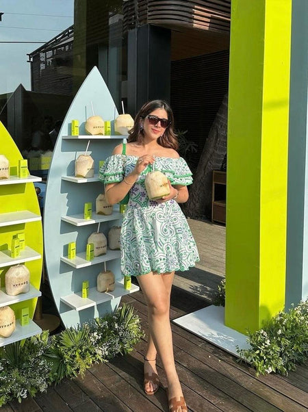 Venice Luxe Summer Dress in Green - lifestyle shot on model, green - Miss Mosa By Akanksha