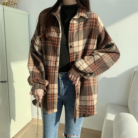 Vera Wollen Plaid Shirt - front shot on model, brown multicolour plaid - Miss Mosa By Akanksha