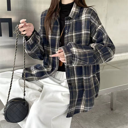 Vera Wollen Plaid Shirt - front shot on model, navy blue multicolour plaid - Miss Mosa By Akanksha