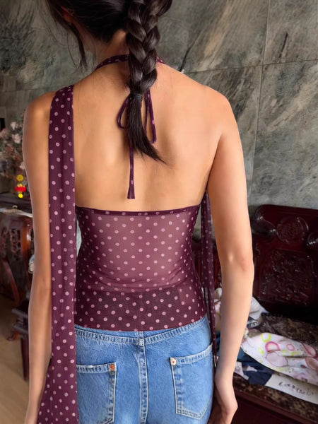 Verona Ruffle Polka Top With Scarf - back shot, burgundy with pink polka dots - Miss Mosa By Akanksha