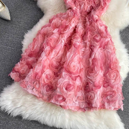 Veronica 3D Floral Dress - close-up of floral skirt, pink - Miss Mosa By Akanksha