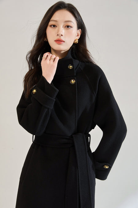 Veronica Luxe Overcoat With Belt - three-quarter shot, black - Miss Mosa By Akanksha
