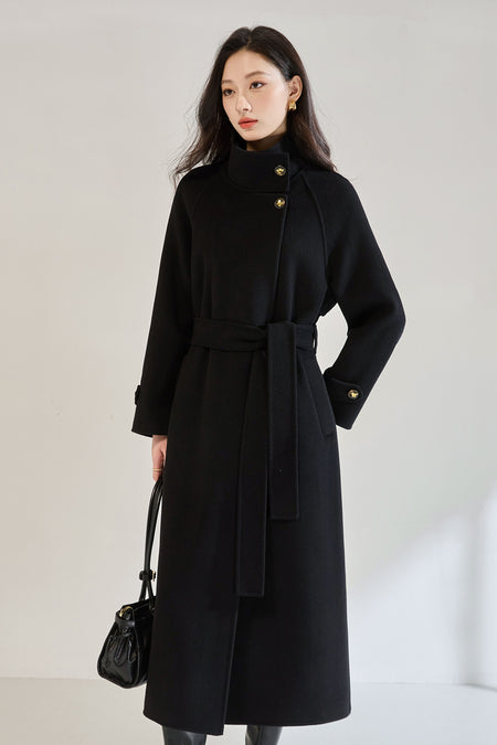 Veronica Luxe Overcoat With Belt - full-length shot, black - Miss Mosa By Akanksha