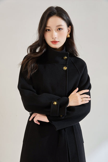 Veronica Luxe Overcoat With Belt - close-up shot, black - Miss Mosa By Akanksha