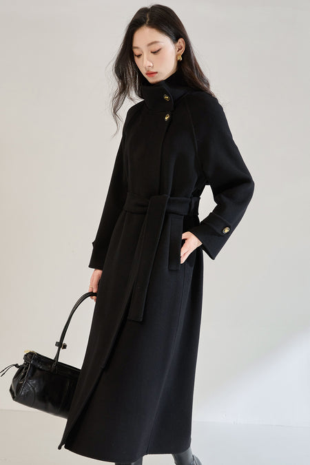 Veronica Luxe Overcoat With Belt - side shot, black - Miss Mosa By Akanksha