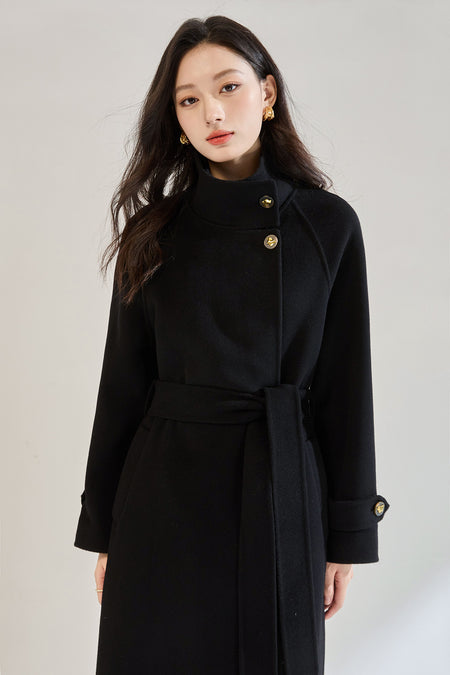 Veronica Luxe Overcoat With Belt - front shot, black - Miss Mosa By Akanksha