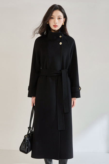 Veronica Luxe Overcoat With Belt - full-length shot, black - Miss Mosa By Akanksha