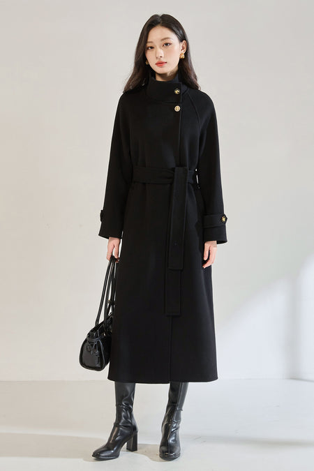 Veronica Luxe Overcoat With Belt - full-length shot, black - Miss Mosa By Akanksha