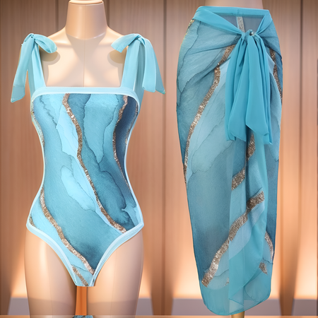 Vester Swimsuit with Sarong - front shot on mannequin, blue - Miss Mosa By Akanksha