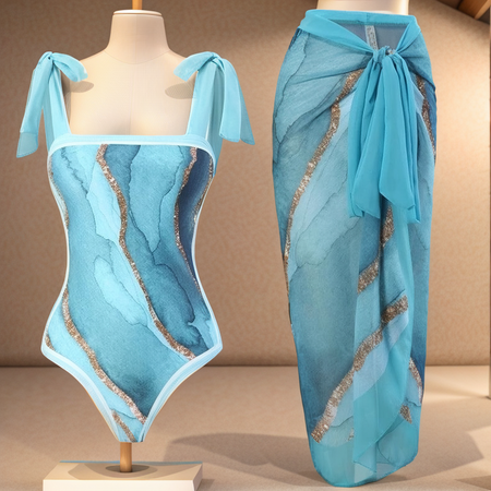 Vester Swimsuit with Sarong - front shot on mannequin, blue - Miss Mosa By Akanksha
